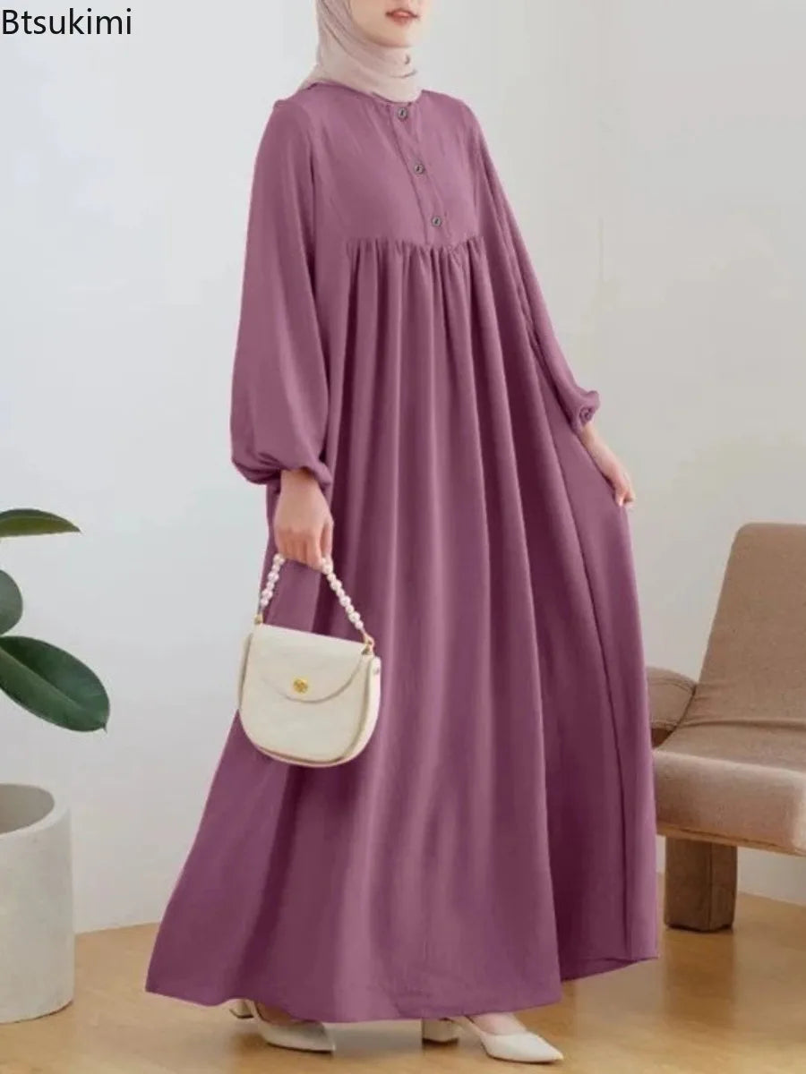 Casual Puffed Sleeve Maxi Dresses for Women Simple Loose Solid Muslim Dresses Fashion Kaftan Turkey Dubai Robe Elegant Vestidos