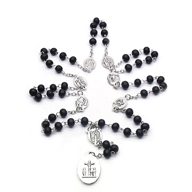 The Seven Bitter Rosary Church Catholic Wood Beads Virgin Pendant Necklace Religious Jewelry Black Red