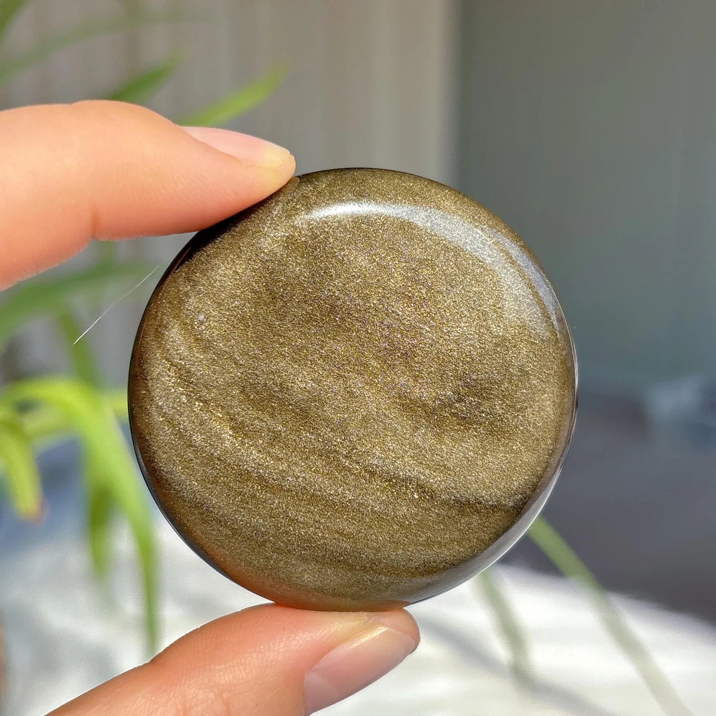 1pc Golden Obsidian Palm Stone - Round Polished Worry Stone with Black & Golden Veins, Home Decor, Collector's Display