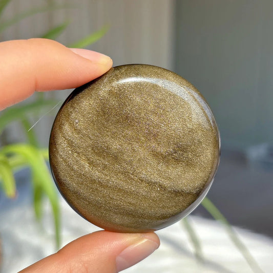 1pc Golden Obsidian Palm Stone - Round Polished Worry Stone with Black & Golden Veins, Home Decor, Collector's Display