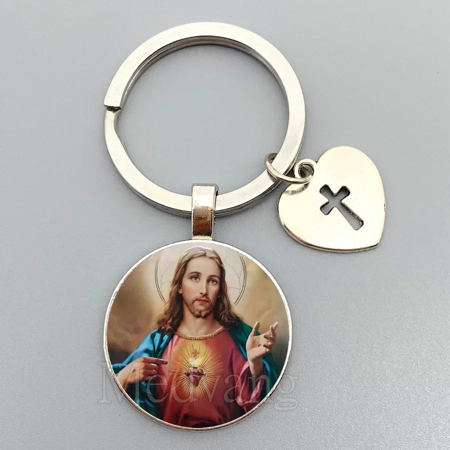 Jesus Sacred Heart Keychain Virgin Mary Glass Dome Key chain Catholic Men's and Women's Jewelry Gifts