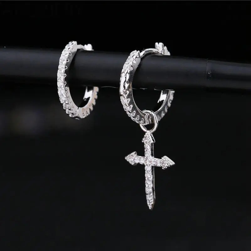 925 Sterling Silver Cross Pendant Asymmetric Hoop Earrings For Women Men Simple Personality New Trend Jewelry Wholesale