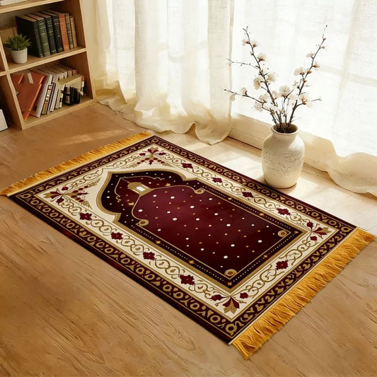 VIKAMA Luxury Star Pattern Burgundy Muslim Prayer Mat Portable and Foldable Suitable for Religious Pilgrimage and Prayer