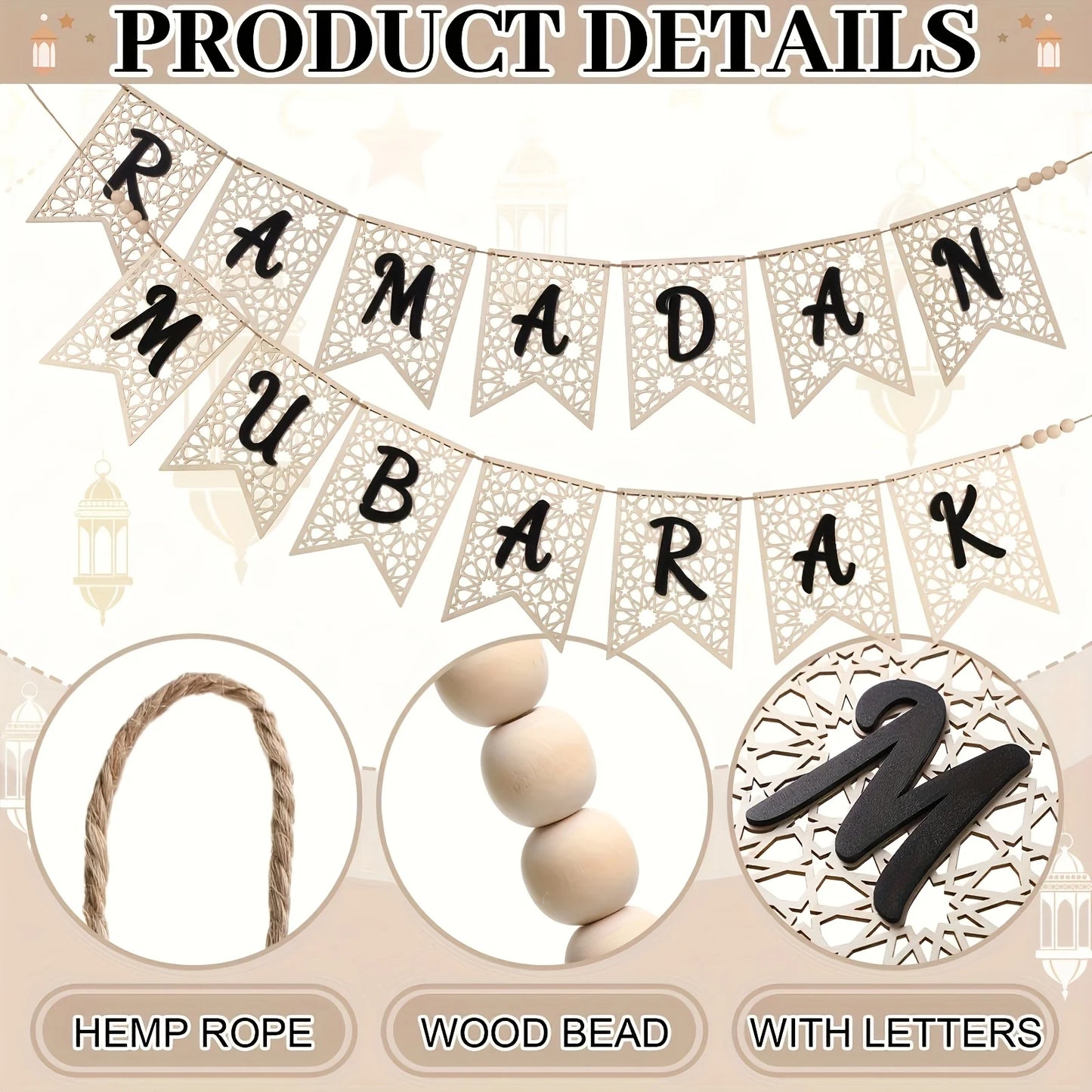 2pcs Eid Mubarak Banner Wooden Ramadan Mubarak Decoration Easy Beads Ramadan Decoration Banner Muslim Party Decoration Supplies