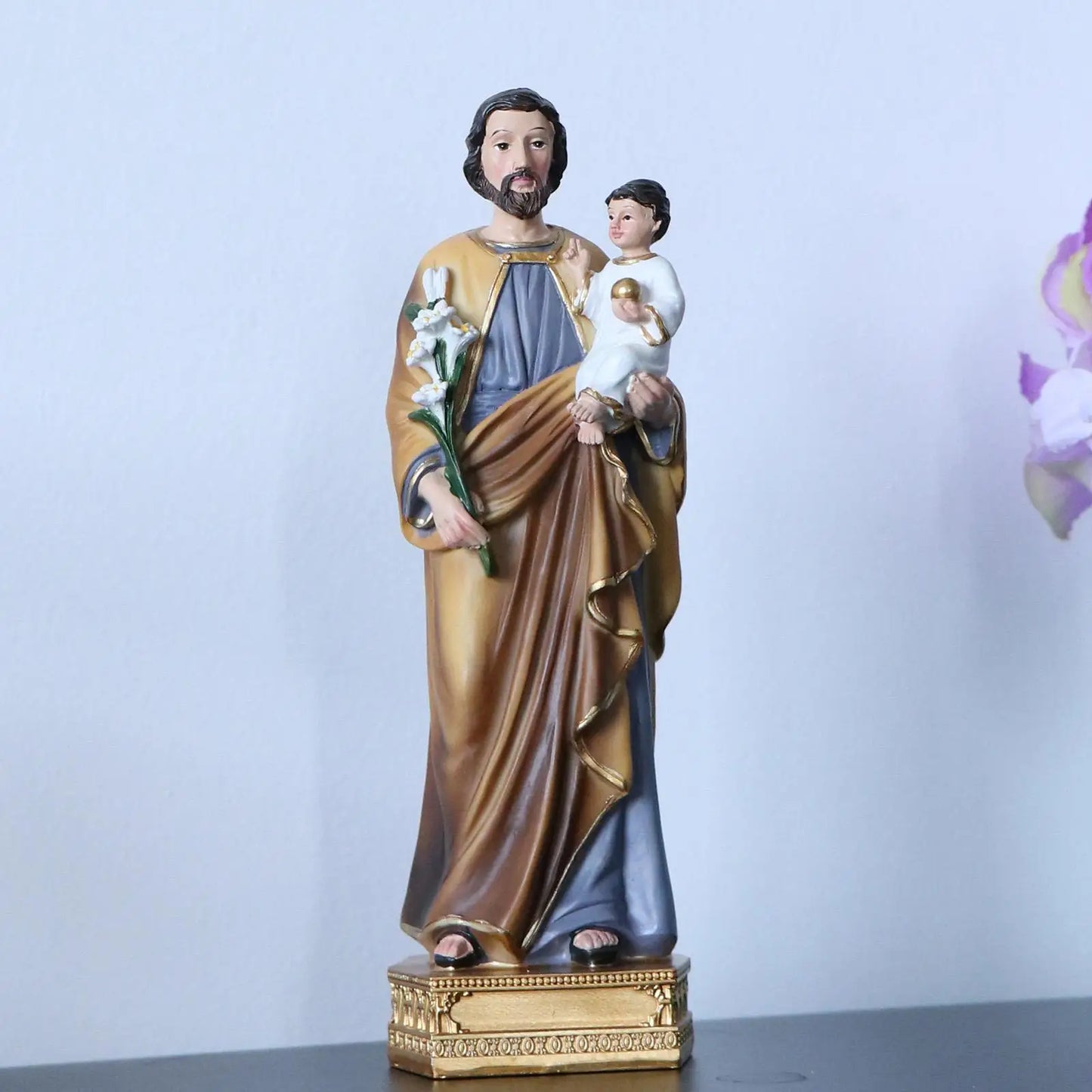 St. Joseph and Child Jesus on Base Heavenly Protectors 20cm Resin and Stone Religious Gift Decoration