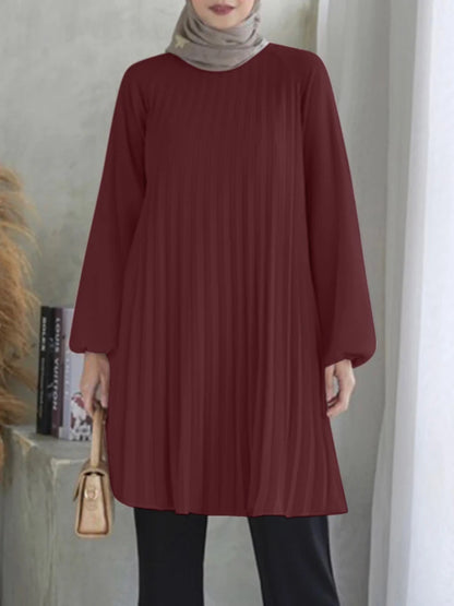 ZANZEA O Neck Islamic Hijab Abaya Blusas Solid Raglan Sleeves Casual 2024 Fall Long Tops Women Pleated Muslim Fashion Blouses
