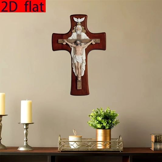 12in BC Catholic Trinitarian Wooden Cross 2D Plane Wall Hanging Christ Inspiring Home Decoration Devout Gift Religious Pendant