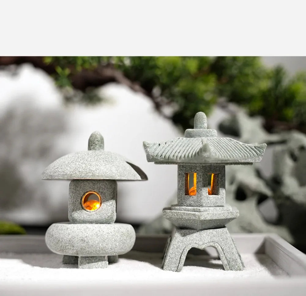 New Mini Pagoda Lantern Light Garden Statue Decorative Sand Stone Micro Landscape Lamp Zen Yard Miniature Bonsai