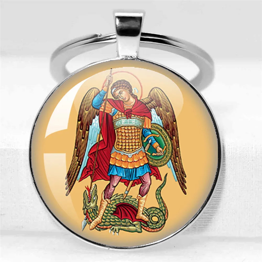 25mm/30MM Archangel Saint Michael Protect Me Holy Shield Angel Protection Glass Pendant Christian Keychains Jewelry Gift
