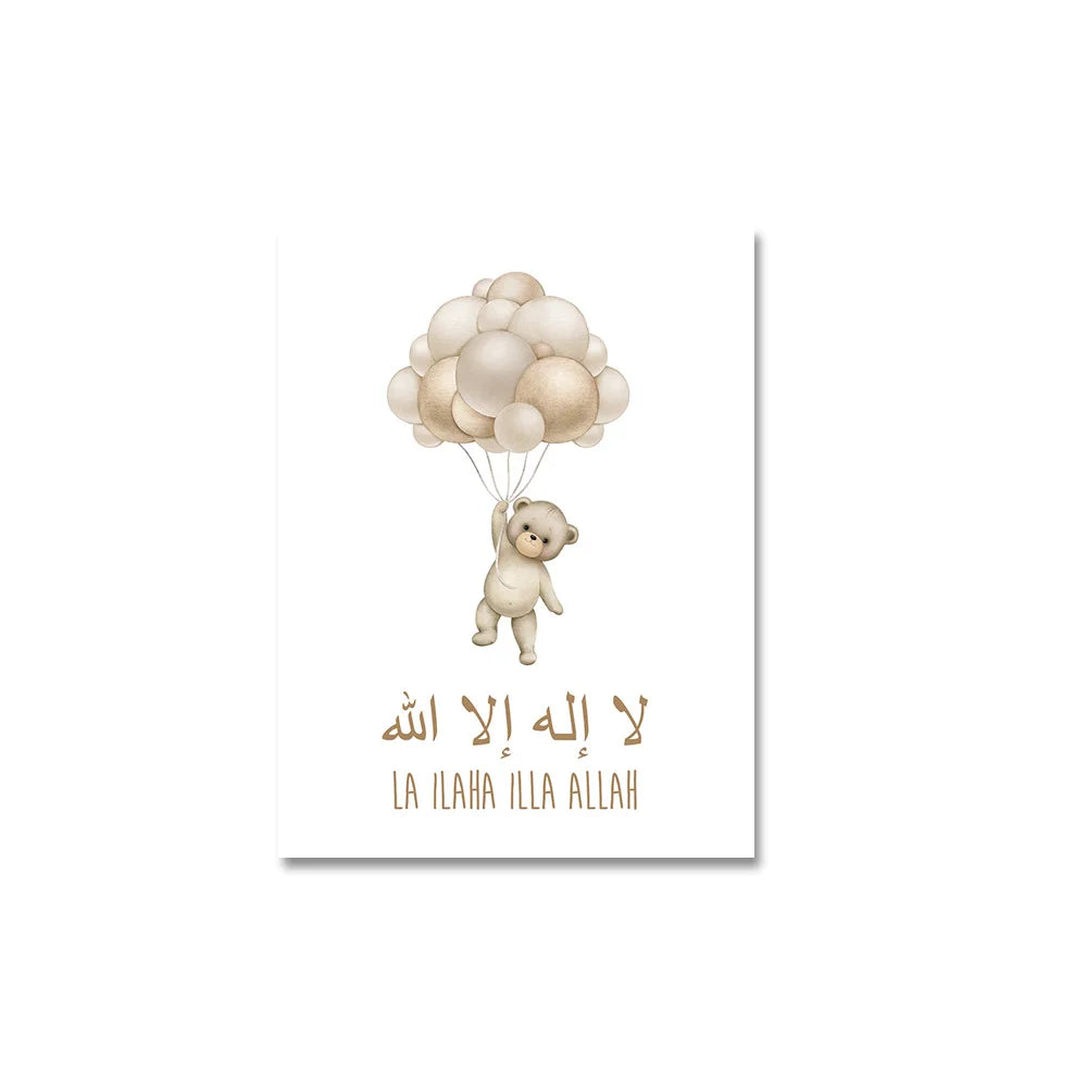Islamic Gold Bear Rainbow Hot Air Balloon Nursery Posters Wall Art Canvas Painting Print Pictures Cute Kids Bedroom Home Decor