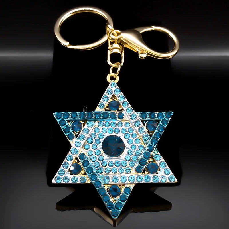 Hexagram Star of David Blessing  Keychain for Women Men Pink Rhinestone Gold Color Jewish Key Chains Jewelry chaveiro K9646S01