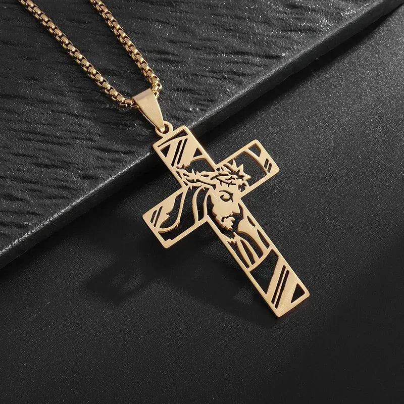 Men and Women New Retro Personality Creative Design Jesus Cross Amulet Pendant Rock Casual Gift Catholic Christian Necklace