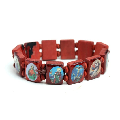 U6XE Wooden Rosary Jesus Bracelet Elastic Coloured Beads Catholic Bangle Religious Saint Holy Gods Devotion Bracelet