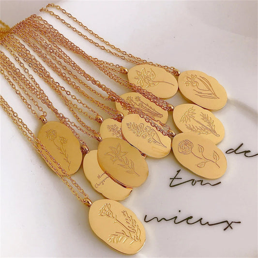 Titanium Steel December Flower Irregular Pendant Necklace Birth Flower Necklace Month Flower Color Preservation