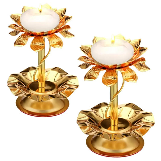 ETRT 2 Pcs Diwali Lotus Candle Holder Metal Diya for Diwali Pooja Lotus Ghee Lamp Candle Holder Indian Diyas Decorations