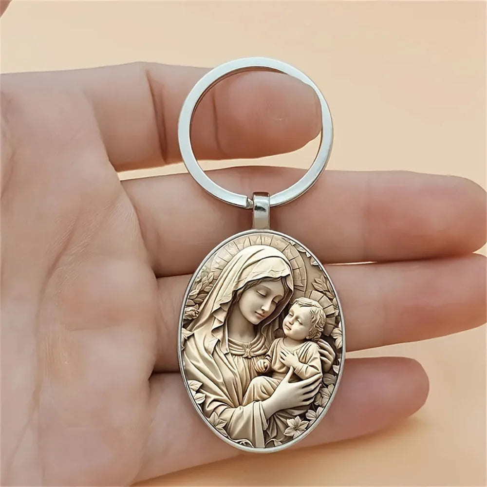 1Pcs Retro Virgin Mary Alloy Keychain - Unique Design of Religious Time Gem Suitable for Car Keys and Backpack Pendant Gifts