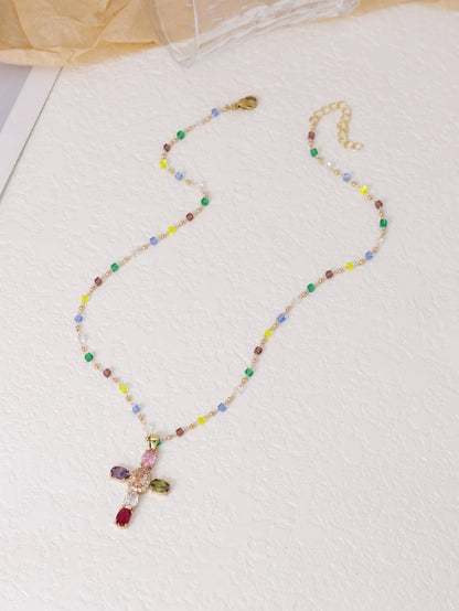 Fashion New Zircon Inlaid Cross Necklace Pendant Jewelry for Women Gold Color Long Clavicle Chain Necklaces