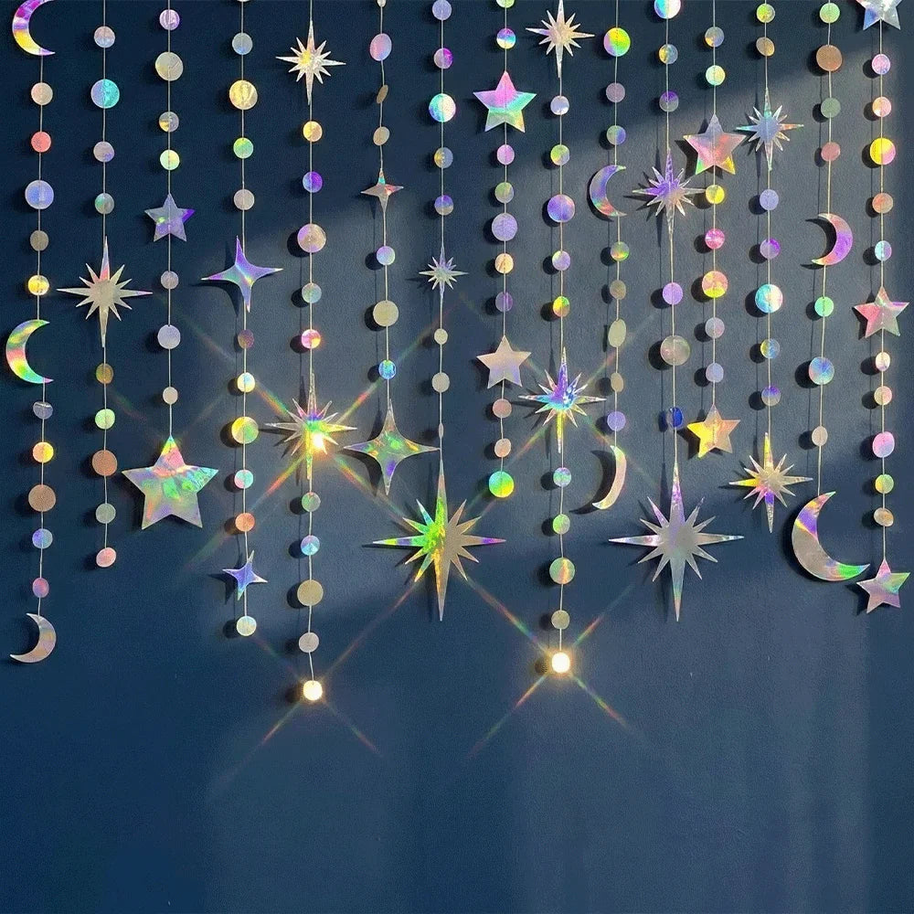 Iridescent Star Moon Circle Dot Hanging Garland Ramadan Eid Mubarak Decoration Twinkle Wedding Baby Shower Birthday Party Decor
