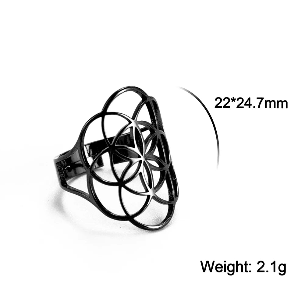 Unift Sacred Geometry Flower of Life Ring Adjustable Stainless Steel Ring Men Women Accessories Vintage Filigree Jewelry Gifts