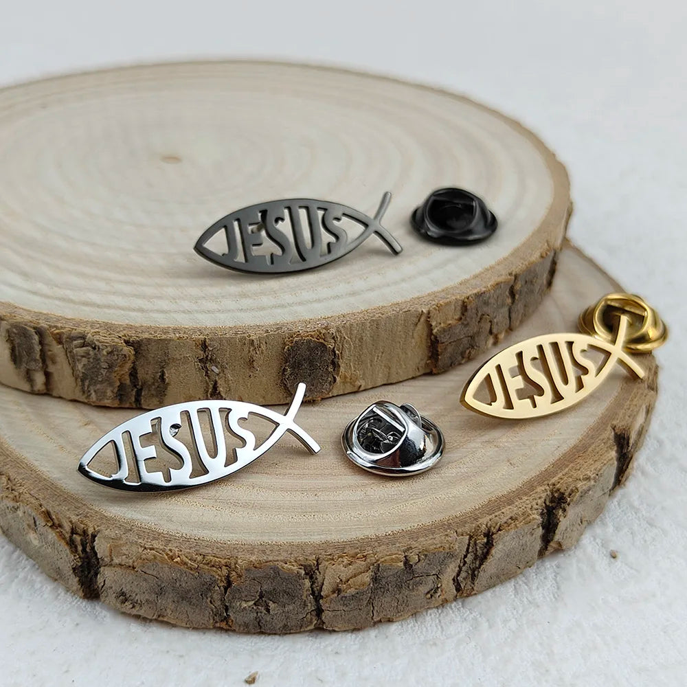 Men's Silver Jesus Fish Brooch, Christian Ichthys Lapel Pin, Religious Faith Suit Accessory, Unique Gift for Believers