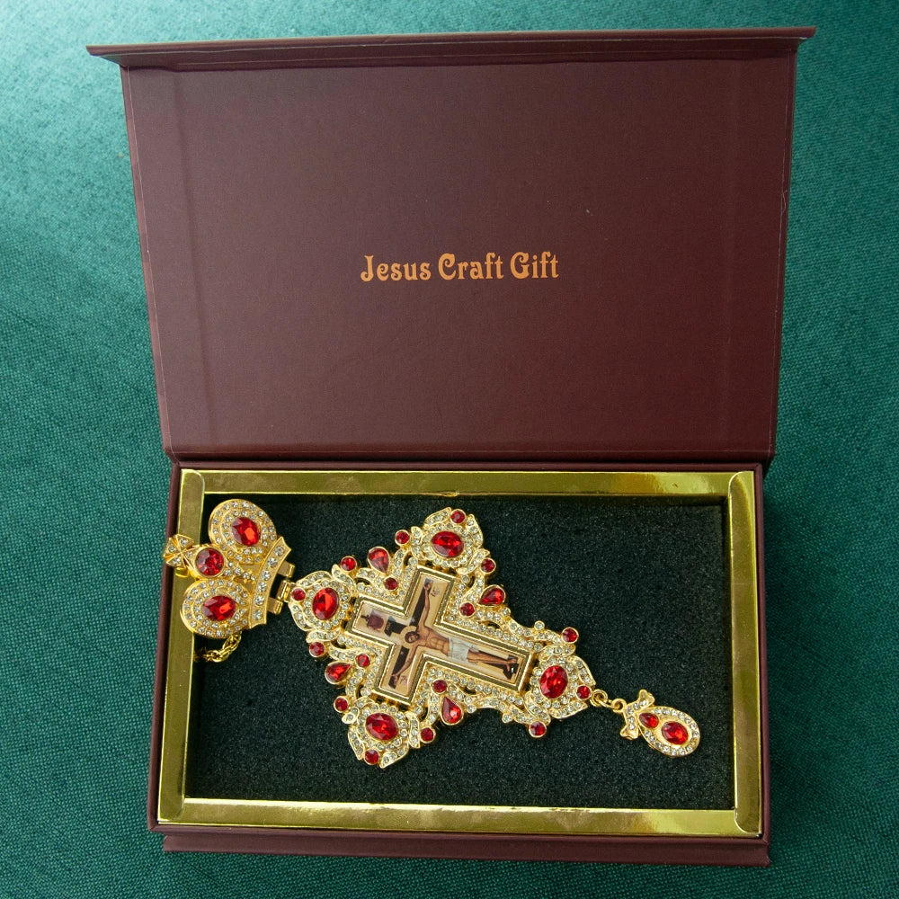 Gold Plated Catholic Orthodox Pectoral Cross with Red Green Gems and Jesus Icon Enamel for Clergy Church Liturgy Devotion Gift