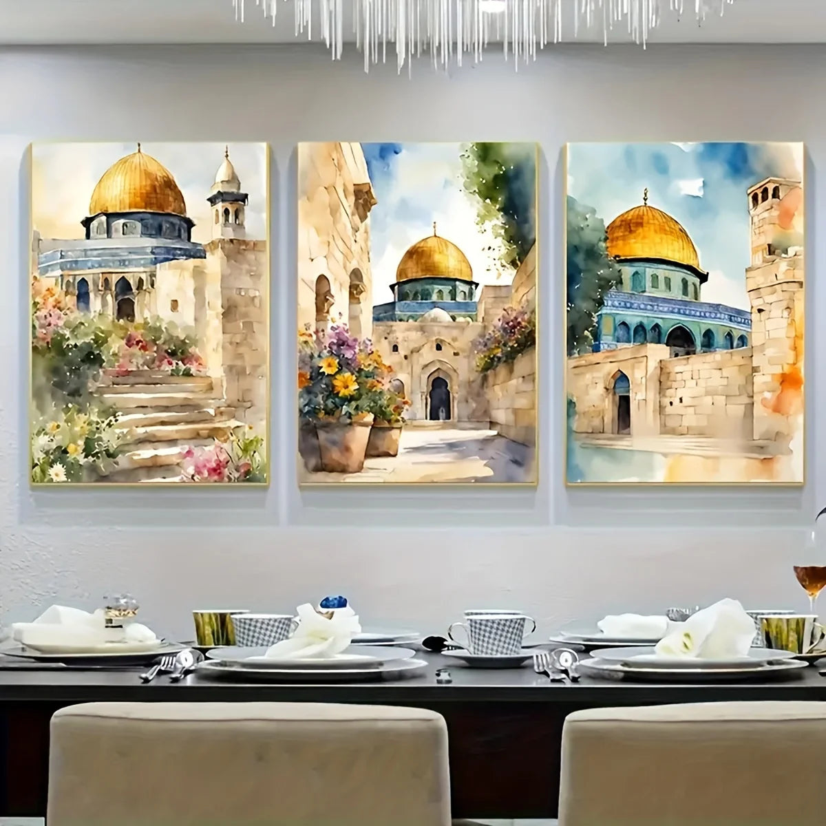 3pcs Al-Aqsa Mosque Canvas Art Prints, Retro Waterproof Unframed Wall Decor for Living Room, Bedroom, Office, Cafe, Bar - Framel