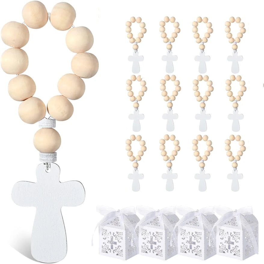 6/12/18PCS Wooden Rosary Wood Bulk Catholic with Crucifix Wooden Cross Pendant with White Mesh Bags for Baptism First Communion