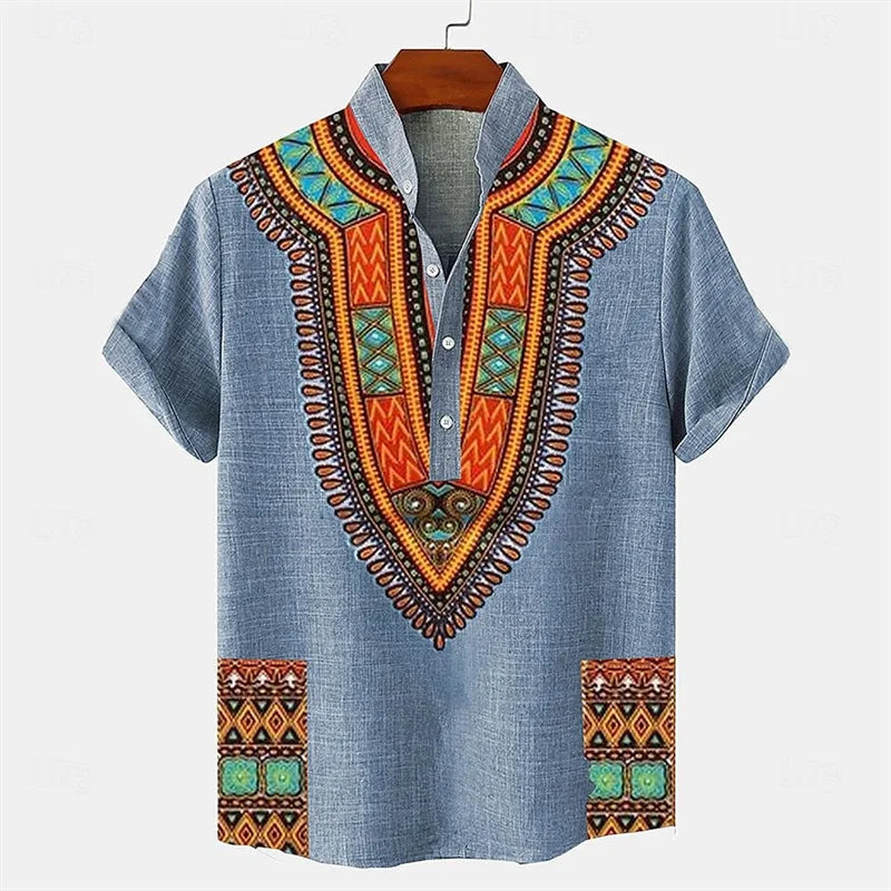 Men's shirt ethnic style 3D printing henley shirt, men's fashion button down collar short sleeve, high quality men's tops