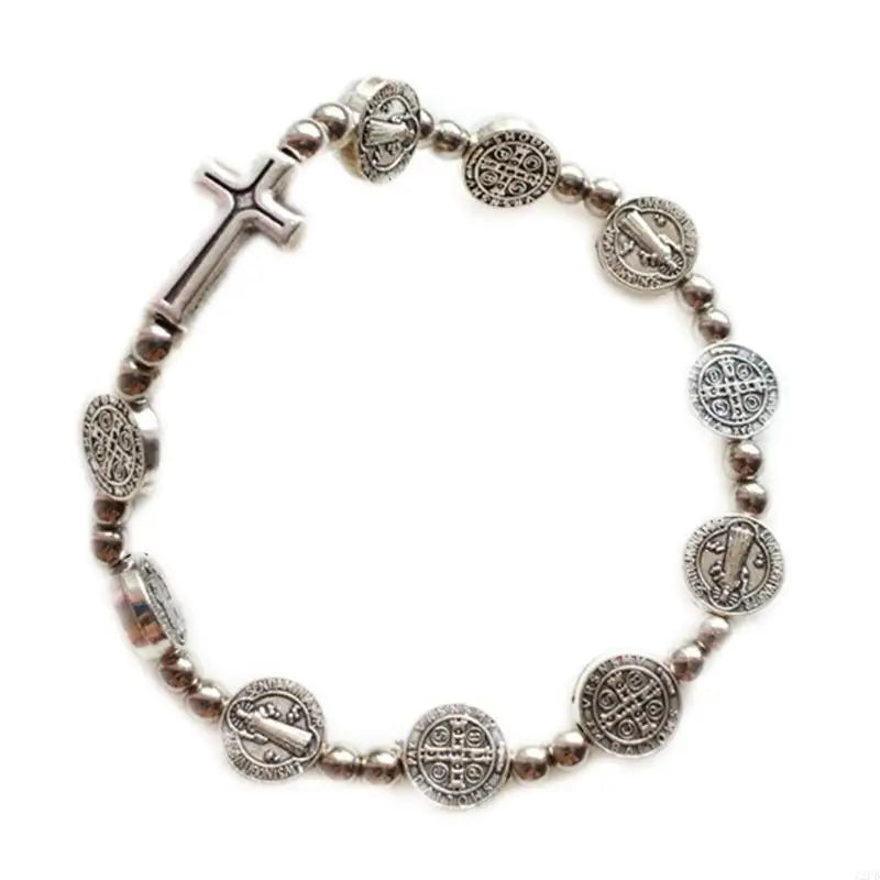 12PD Crystal Beads Stretch Rosary Bracelets with Crucifix Pendants Prayer Bracelets for Men Women Unisex Jewelry