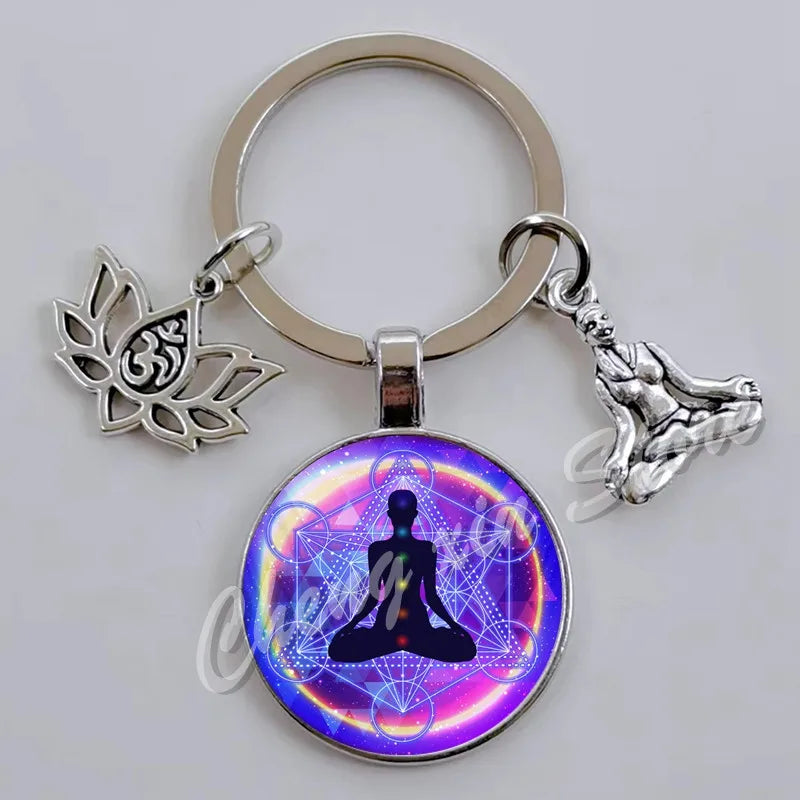 Indian Buddha Meditation 7 Chakra Mandala Psychedelic Yoga Glass Cabochon Keychain Ornament