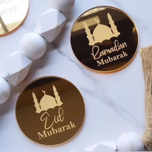 10Pcs EID Mubarak Cupcake Charms Ramadan Engraved Mirror Acrylic Gift Tag Muslim Islamic Eid Al Adha Cupcake Topper Table Decor