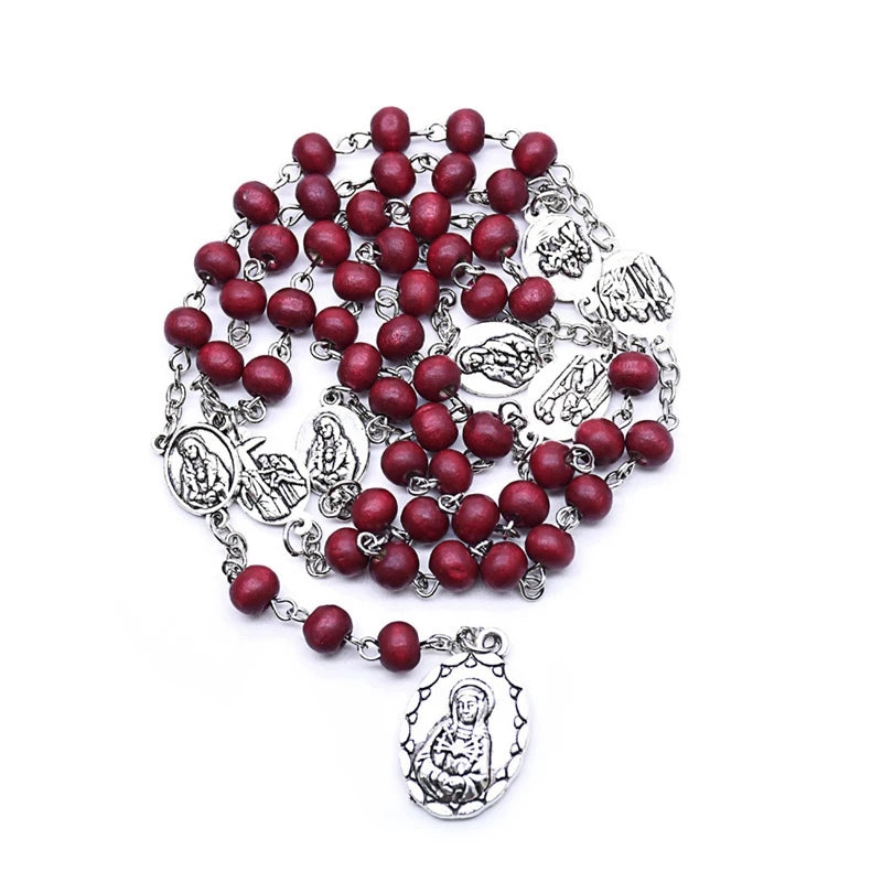 The Seven Bitter Rosary Church Catholic Wood Beads Virgin Pendant Necklace Religious Jewelry Black Red