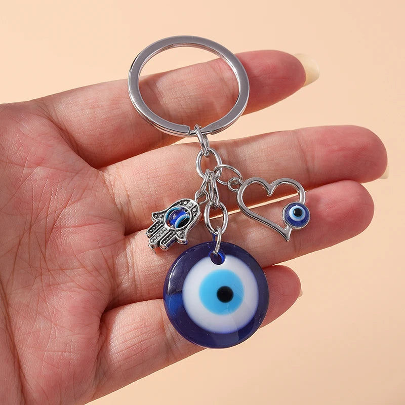 Aihua Lucky Eye Alloy Fatima Hand Keychain Heart Glass Bead Blue Turkish Evil Eye Key Chain Car Keyring for Women Men Jewelry