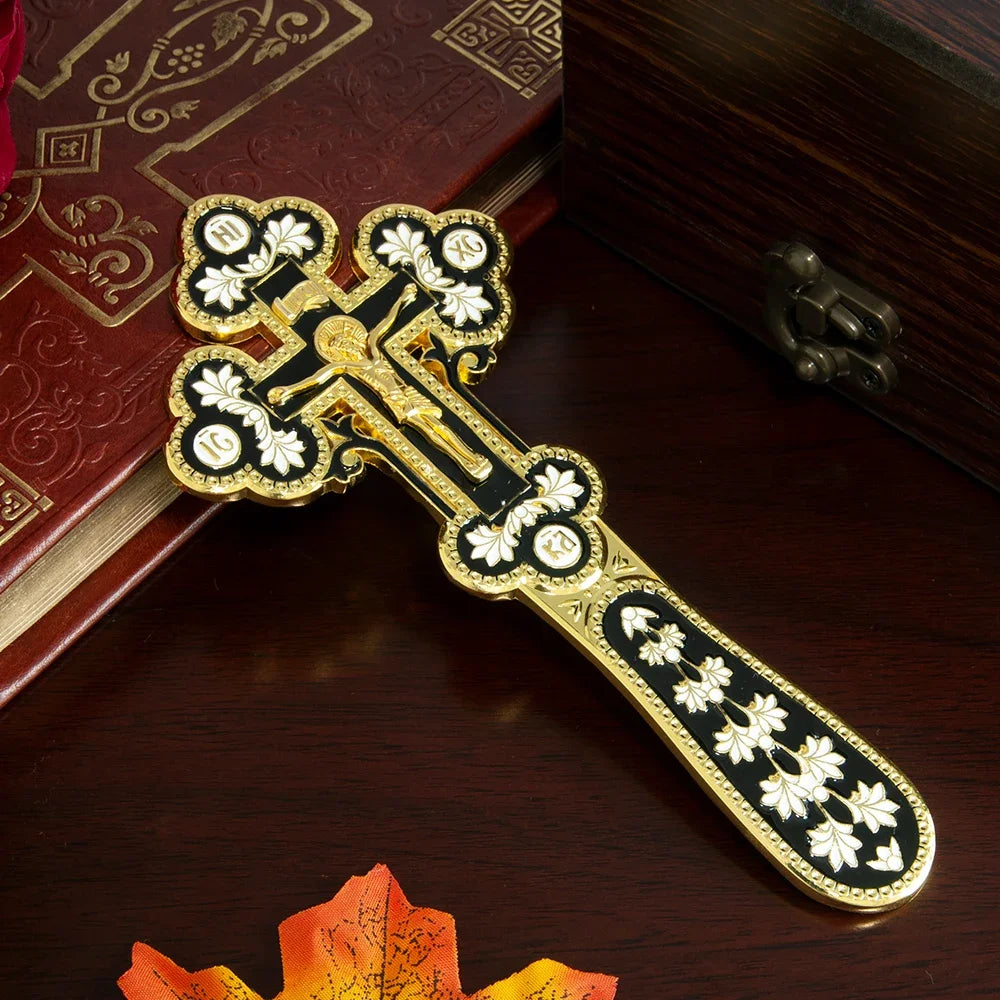 HTISOK Orthodox Blessing Handheld Church Cross Gold Plated Colorful Enamel Jesus icon Cross INRI Crucifix Single Face Jesus