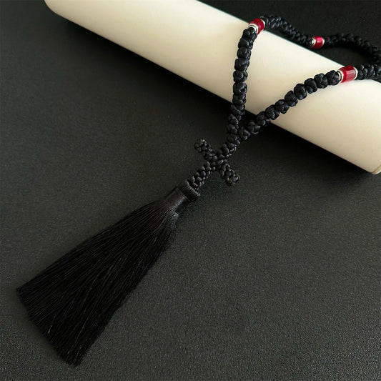 Handmade 50 knot Black Chotki Christian Orthodox Prayer Rope, Blue Greek Omboskoini Protection Blessing Cross Greek Car Hanging