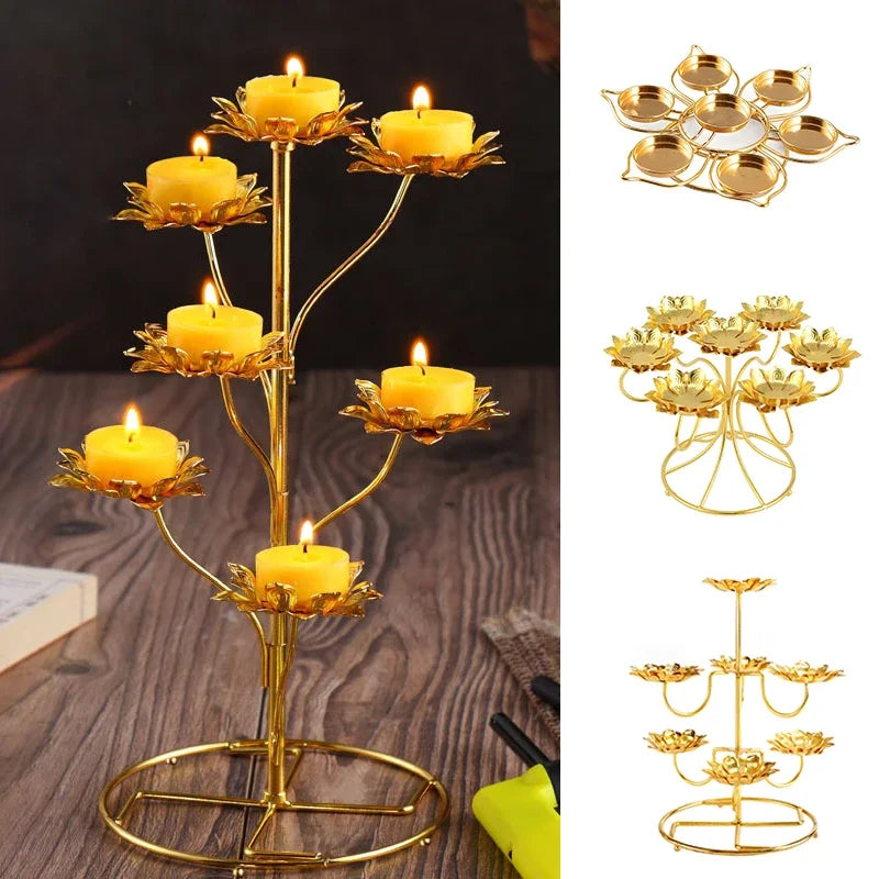 Golden Butter Lamp Holder Metal Lotus Light Cup Candlestick Living Room Restaurant Temples Buddhist Candle Stand Home Decoration