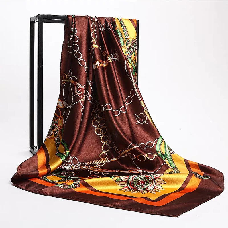 90*90cm Women Square Silk Scarf Luxury Brand Large Shawl Neckerchief Print Headband Female Foulard Bandana Wraps Hijab Scarves