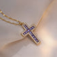 Stainless Steel Sparking Women Cross Necklaces, Gold Color Metal Cross Pendant, Bling CZ Stones Christ Religious Prayer Collar