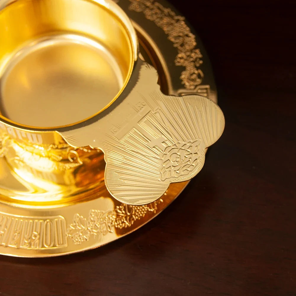 HTISOK Premium Gold-Tone Orthodox Eucharist Set: Communion Disc & Spoon, Engraved Liturgical Vessels for Church Use and Devotion