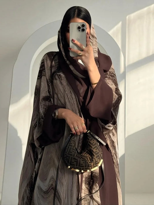 Women Abaya Scarf 2 Piece Set Cardigan Dress Dubai Eid Muslim Print Morocco Kaftan Party Jalabiya Vestidos Largos Arab Long Robe