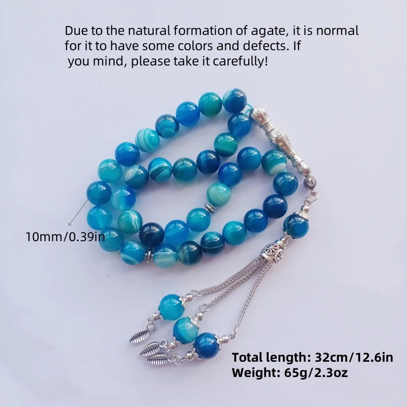 33pcs10mm blue agate beads natural stone material Muslim rosary daily bracelet TASBIH, Middle East high-end worship prayer brace