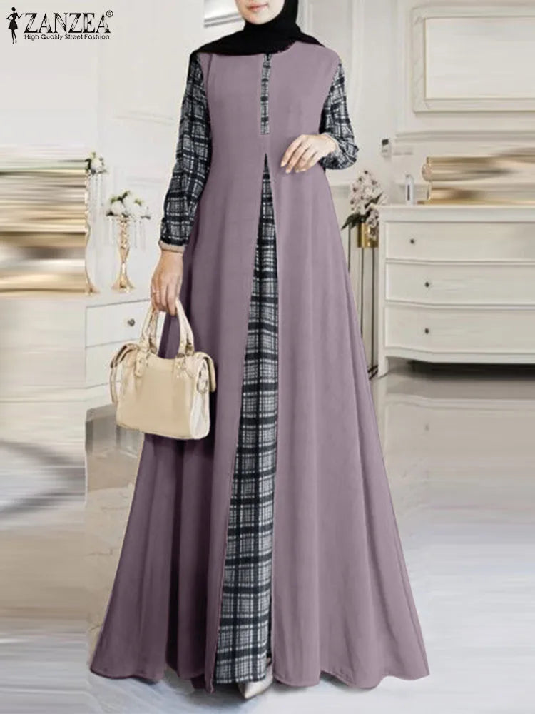 2024 ZANZEA Autumn Long Sleeve Plaid Checked Muslim Sundress Women Patchwork Maxi Dress Robe Femme Eid Mubarek Hijab Vestido