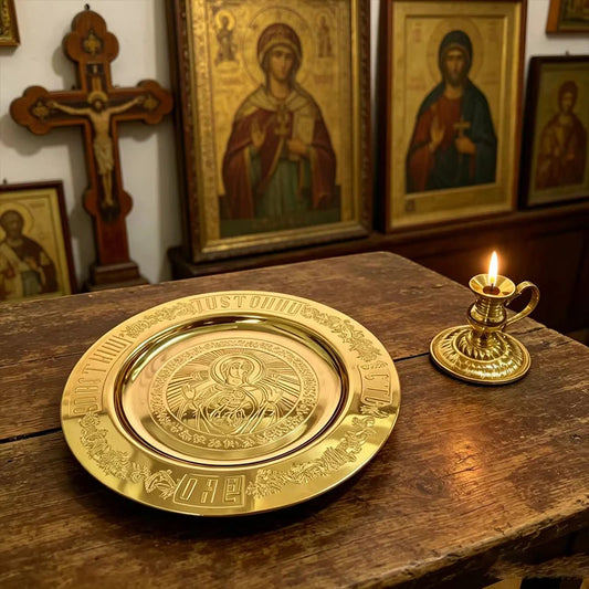 Orthodox Church Brass Liturgical Plate Candlestick Set Gold Plated Engraved Virgin Mary Icon Religious Tray Christian Church Sup