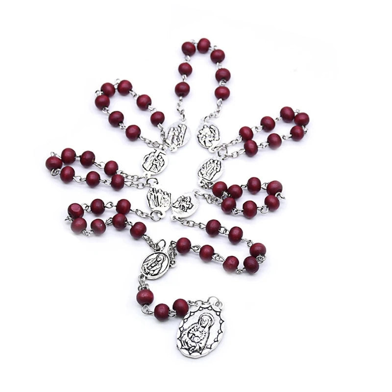 The Seven Bitter Rosary Church Catholic Wood Beads Virgin Pendant Necklace Religious Jewelry Black Red
