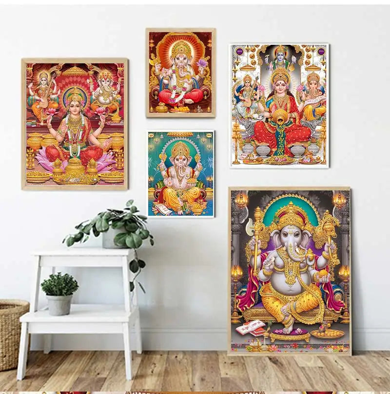 India Hindu Golden Ganesha Temple Poster Shiva Parvati Painting Canvas Prints Elephant God Religion Picture Room Hoom Wall Decor