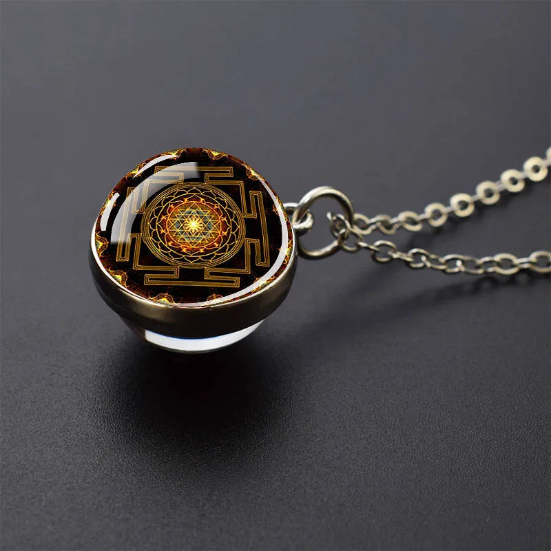 Sacred Geometry-Metatron's Cube Necklaces Sri Yantra Mandala Double Side Glass Ball Pendant Necklace Buddhist Yoga Jewelry Gift