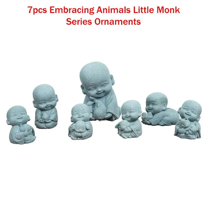 ✔Embracing Animal Monk Statue,Sandstone Finish Zen Baby Buddha Figurine,Mini Spiritual Decor for Home,Office & Garden