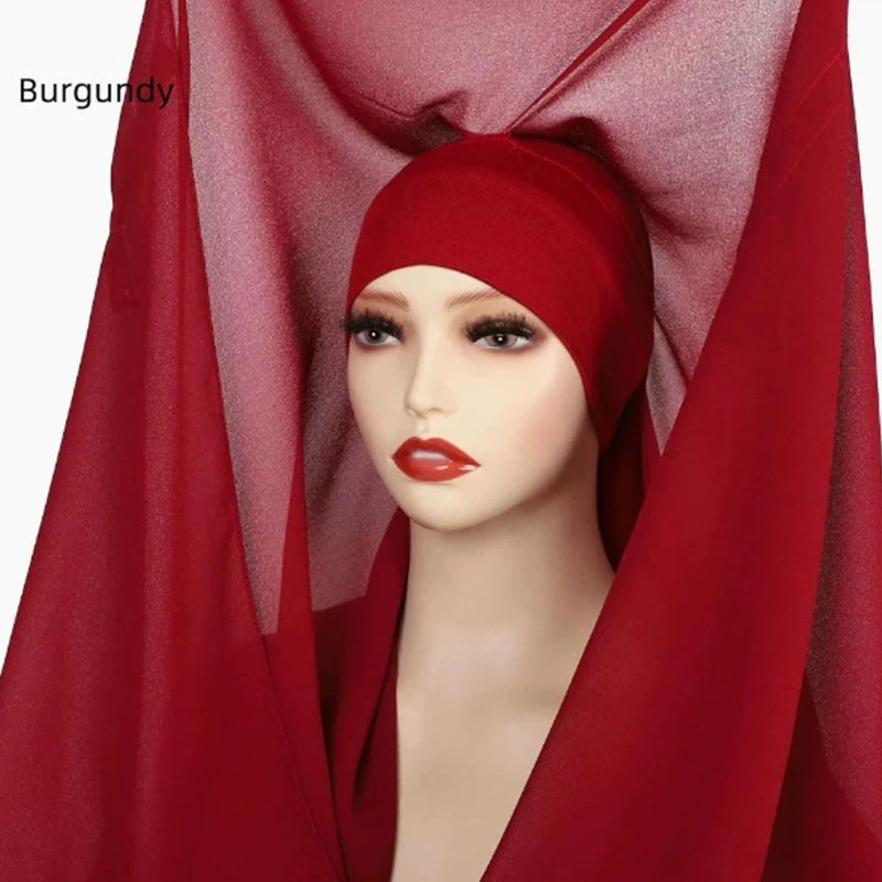 Premium Chiffon Hijab With Bulit-in Magnets Solid Color Easy To Wear Shawl Wrap With Undercap For Muslim Women