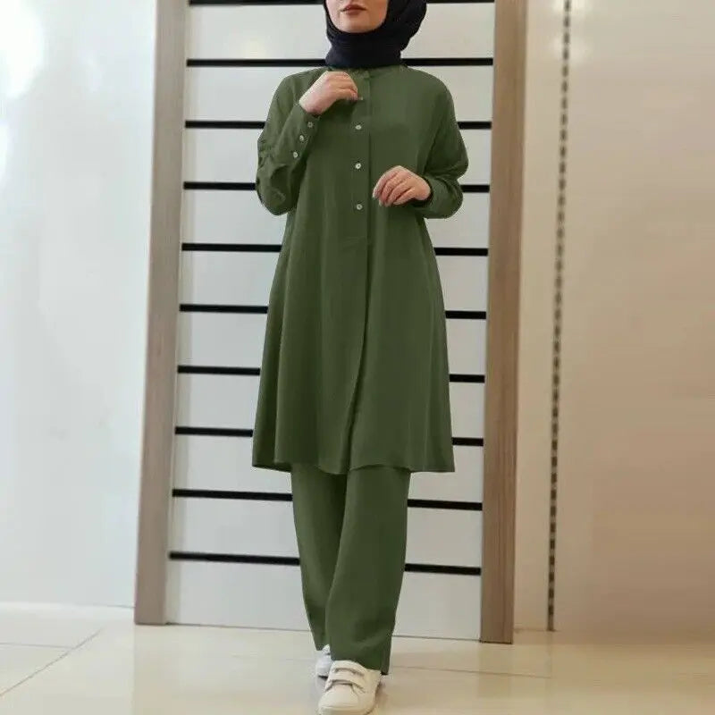 Modest Women Shirts Tops and Pants Autumn Two Pieces Abaya Sets Muslim Islamic Casual Kaftan Robe Turkey Clothing