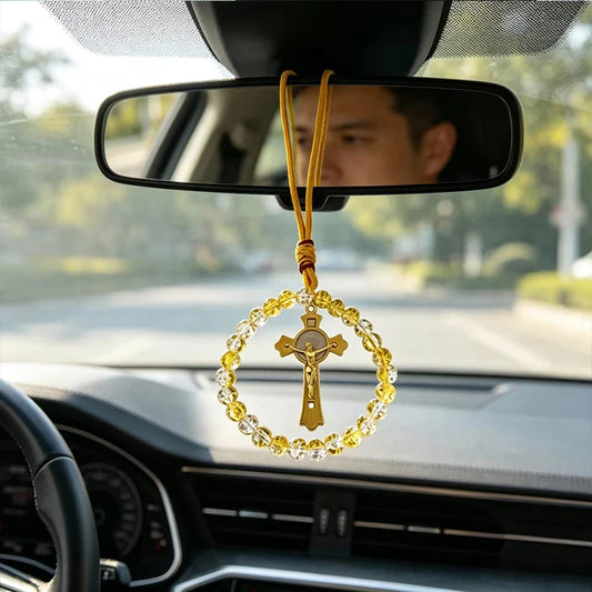 Handcrafted Orthodox Catholic Car Rosary with Clear Glass Beads Crucifix Pendant for Auto Interior Home Altar Christian Gift Dec